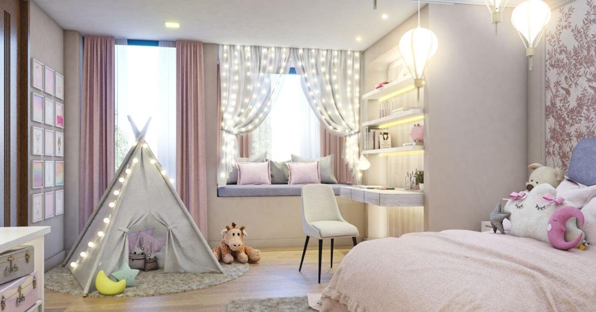 In this particular bedroom design for girls, IEO chose to add a teepee inside the space for our client’s daughter to play with alongside her toys.